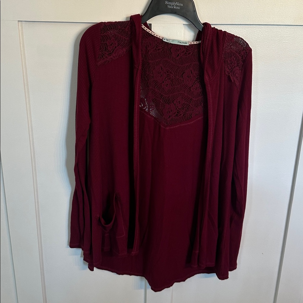 Maurices Burgundy Lace-Trim Long Sleeve Top